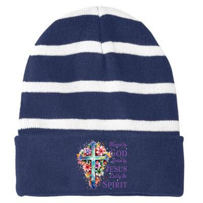 Blessed By God Loved By Jesus Floral Cross Christian Funny Gift Striped Beanie with Solid Band