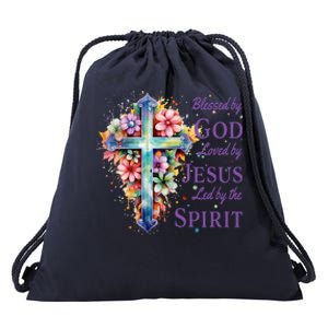 Blessed By God Loved By Jesus Floral Cross Christian Funny Gift Drawstring Bag