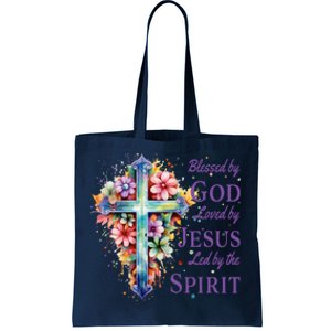 Blessed By God Loved By Jesus Floral Cross Christian Funny Gift Tote Bag