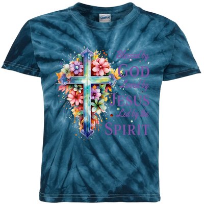 Blessed By God Loved By Jesus Floral Cross Christian Funny Gift Kids Tie-Dye T-Shirt