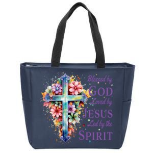 Blessed By God Loved By Jesus Floral Cross Christian Funny Gift Zip Tote Bag