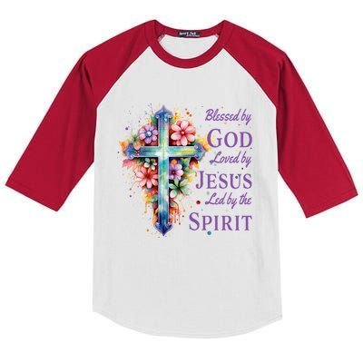 Blessed By God Loved By Jesus Floral Cross Christian Funny Gift Kids Colorblock Raglan Jersey