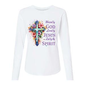 Blessed By God Loved By Jesus Floral Cross Christian Funny Gift Womens Cotton Relaxed Long Sleeve T-Shirt