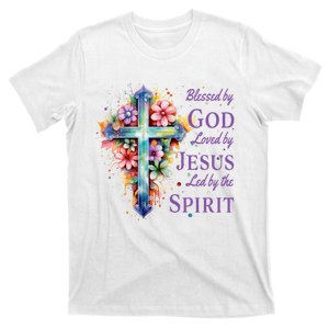 Blessed By God Loved By Jesus Floral Cross Christian Funny Gift T-Shirt