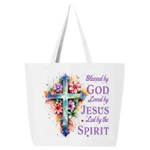 Blessed By God Loved By Jesus Floral Cross Christian Funny Gift 25L Jumbo Tote