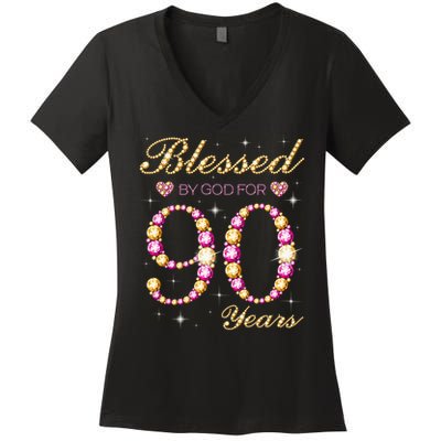 Blessed By God For 90 Years Old 90th Birthday Party Women's V-Neck T-Shirt