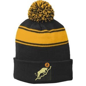 Bitcoin Bull Graph Bullish Btc Crypto Cryptocurrency Trader Stripe Pom Pom Beanie