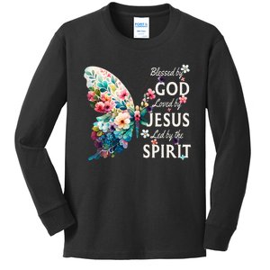 Blessed By God Loved By Jesus Floral Butterfly Christian Kids Long Sleeve Shirt