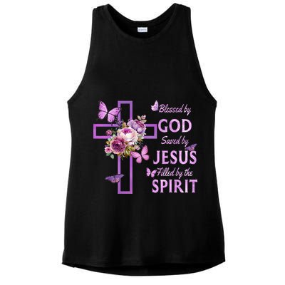 Blessed By God Saved By Jesus Purple Floral Cross Christian Ladies PosiCharge Tri-Blend Wicking Tank
