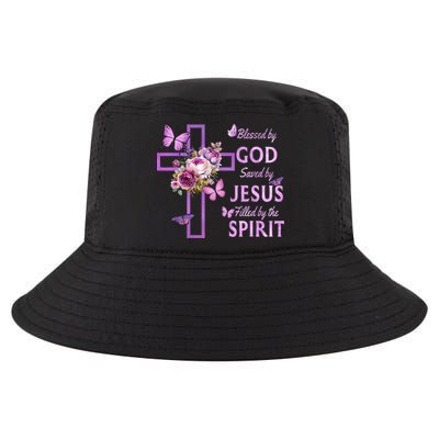 Blessed By God Saved By Jesus Purple Floral Cross Christian Cool Comfort Performance Bucket Hat