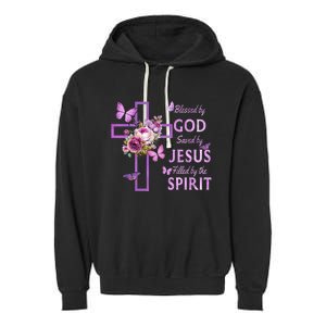 Blessed By God Saved By Jesus Purple Floral Cross Christian Garment-Dyed Fleece Hoodie