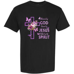 Blessed By God Saved By Jesus Purple Floral Cross Christian Garment-Dyed Heavyweight T-Shirt