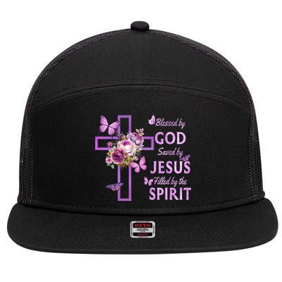 Blessed By God Saved By Jesus Purple Floral Cross Christian 7 Panel Mesh Trucker Snapback Hat