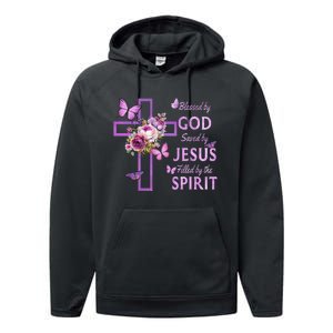 Blessed By God Saved By Jesus Purple Floral Cross Christian Performance Fleece Hoodie