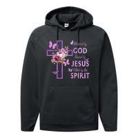 Blessed By God Saved By Jesus Purple Floral Cross Christian Performance Fleece Hoodie