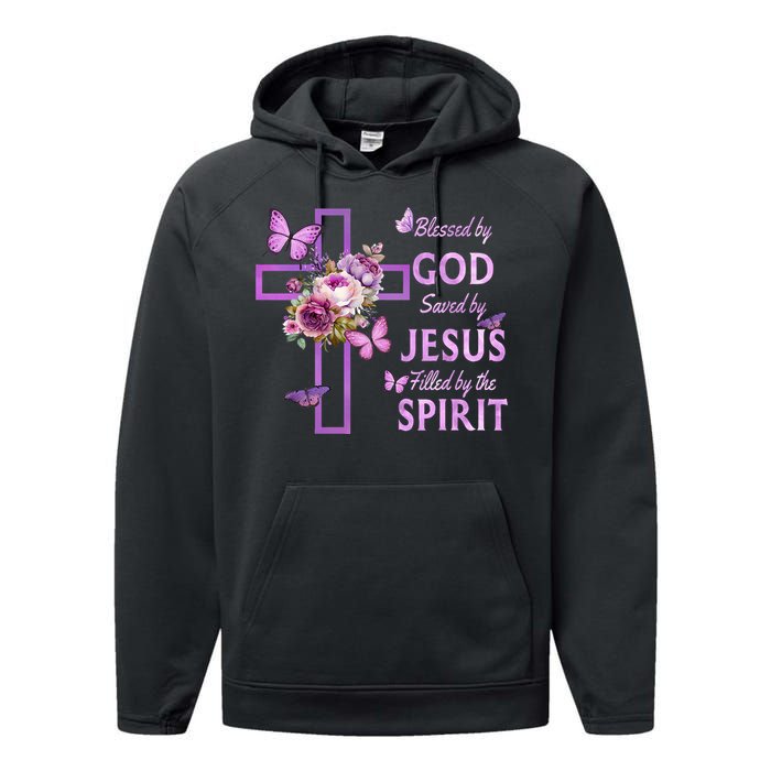 Blessed By God Saved By Jesus Purple Floral Cross Christian Performance Fleece Hoodie