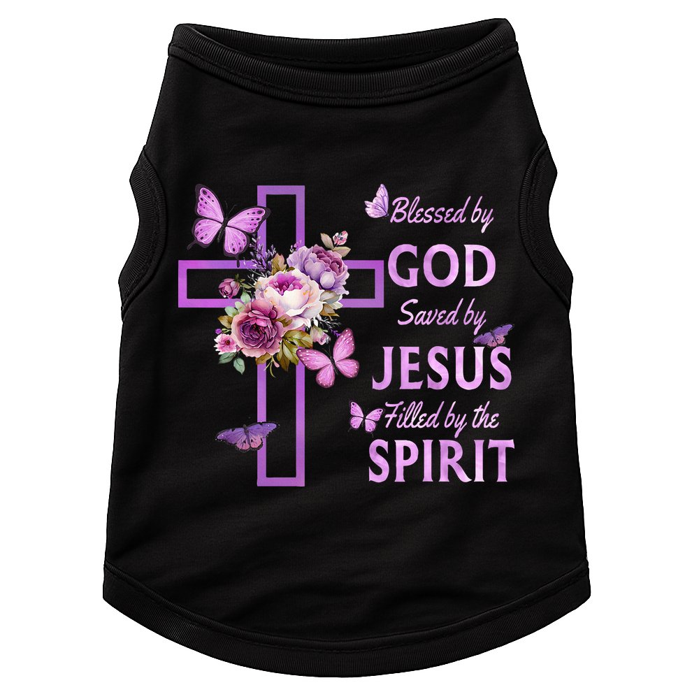 Blessed By God Saved By Jesus Purple Floral Cross Christian Doggie Tank