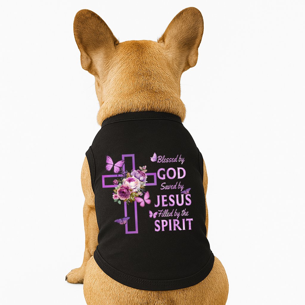 Blessed By God Saved By Jesus Purple Floral Cross Christian Doggie Tank