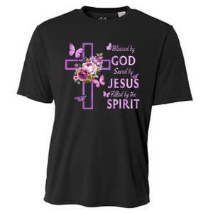 Blessed By God Saved By Jesus Purple Floral Cross Christian Cooling Performance Crew T-Shirt