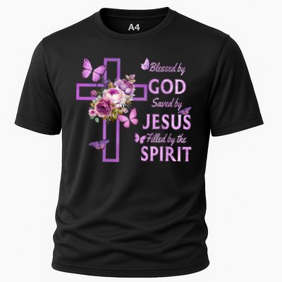 Blessed By God Saved By Jesus Purple Floral Cross Christian Cooling Performance Crew T-Shirt
