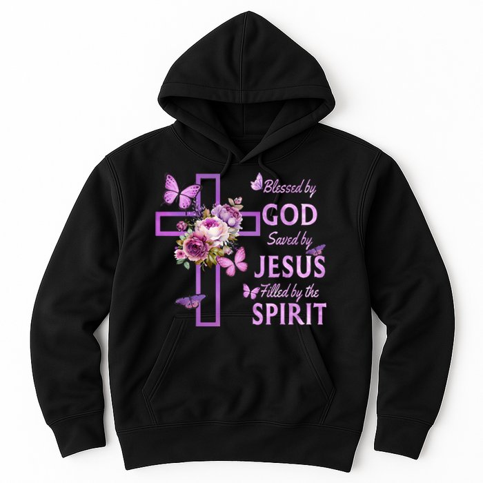 Blessed By God Saved By Jesus Purple Floral Cross Christian Hoodie