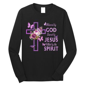 Blessed By God Saved By Jesus Purple Floral Cross Christian Long Sleeve Shirt