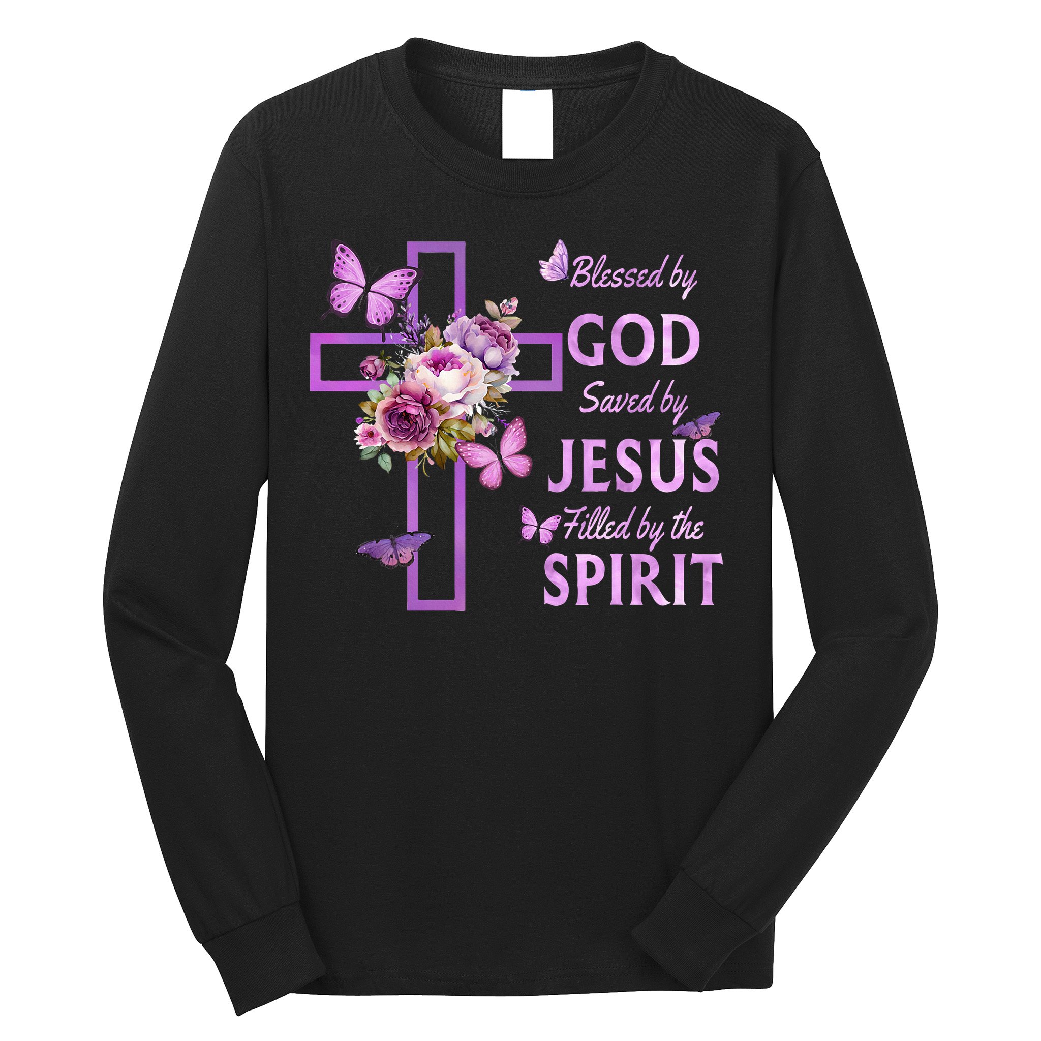 Blessed By God Saved By Jesus Purple Floral Cross Christian Long Sleeve Shirt