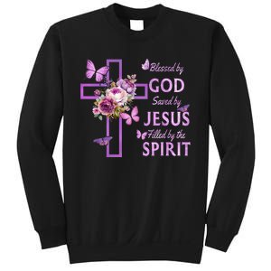 Blessed By God Saved By Jesus Purple Floral Cross Christian Sweatshirt