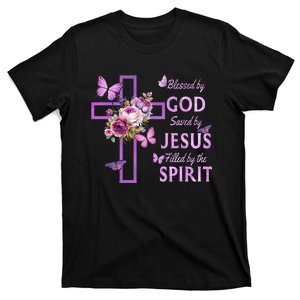 Blessed By God Saved By Jesus Purple Floral Cross Christian T-Shirt