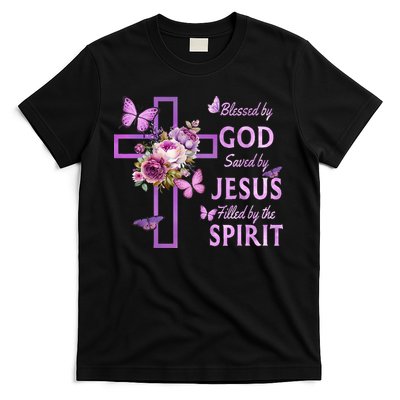 Blessed By God Saved By Jesus Purple Floral Cross Christian T-Shirt
