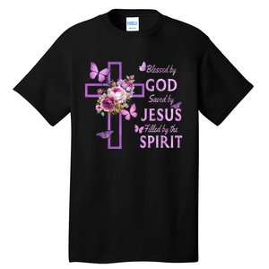 Blessed By God Saved By Jesus Purple Floral Cross Christian Tall T-Shirt