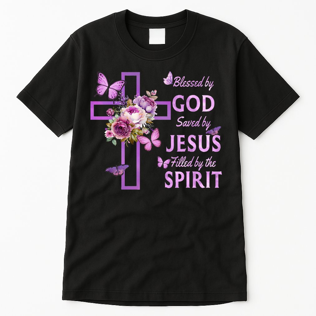 Blessed By God Saved By Jesus Purple Floral Cross Christian Tall T-Shirt