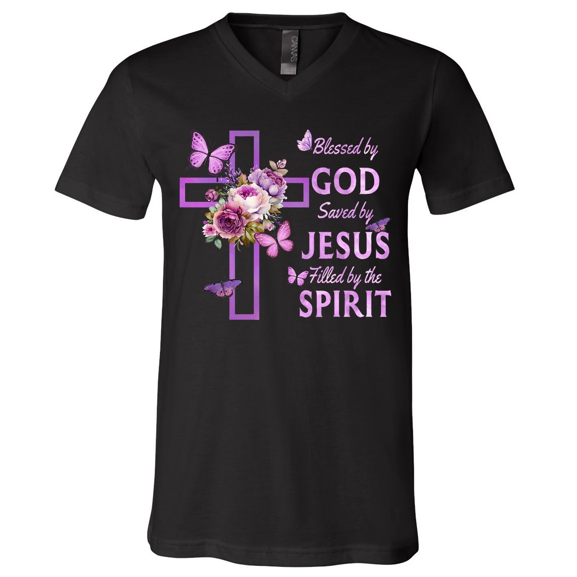 Blessed By God Saved By Jesus Purple Floral Cross Christian V-Neck T-Shirt