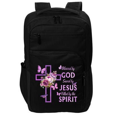 Blessed By God Saved By Jesus Purple Floral Cross Christian Impact Tech Backpack