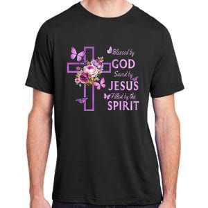 Blessed By God Saved By Jesus Purple Floral Cross Christian Adult ChromaSoft Performance T-Shirt