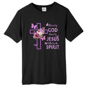 Blessed By God Saved By Jesus Purple Floral Cross Christian Tall Fusion ChromaSoft Performance T-Shirt