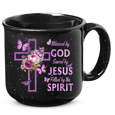 Blessed By God Saved By Jesus Purple Floral Cross Christian 15oz Campfire Ceramic Mug