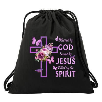 Blessed By God Saved By Jesus Purple Floral Cross Christian Drawstring Bag
