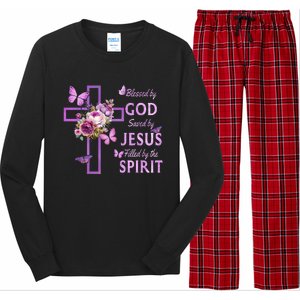 Blessed By God Saved By Jesus Purple Floral Cross Christian Long Sleeve Pajama Set