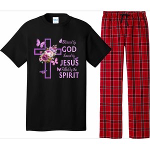 Blessed By God Saved By Jesus Purple Floral Cross Christian Pajama Set