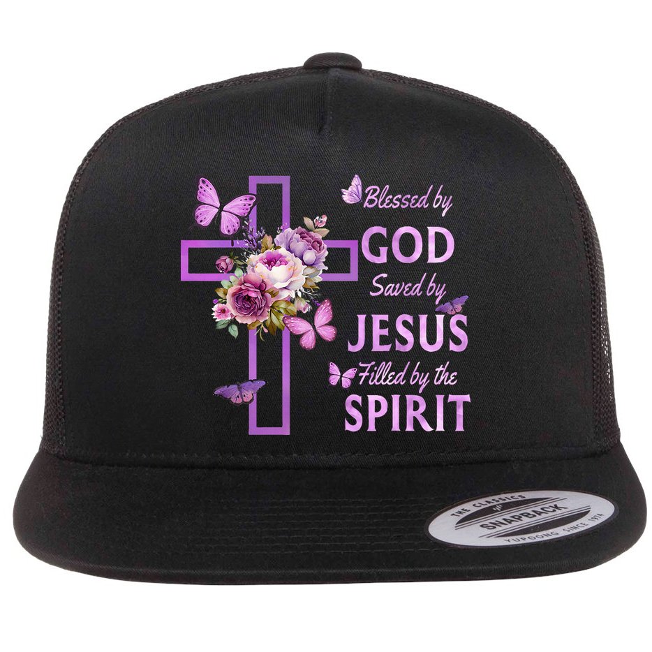 Blessed By God Saved By Jesus Purple Floral Cross Christian Flat Bill Trucker Hat