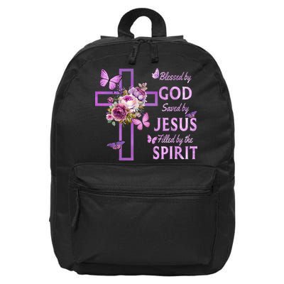 Blessed By God Saved By Jesus Purple Floral Cross Christian 16 in Basic Backpack