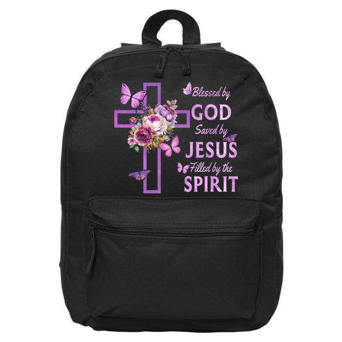 Blessed By God Saved By Jesus Purple Floral Cross Christian 16 in Basic Backpack