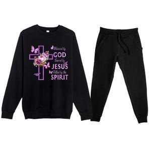 Blessed By God Saved By Jesus Purple Floral Cross Christian Premium Crewneck Sweatsuit Set