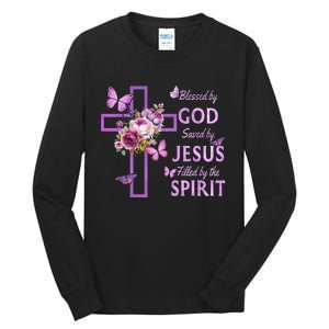 Blessed By God Saved By Jesus Purple Floral Cross Christian Tall Long Sleeve T-Shirt