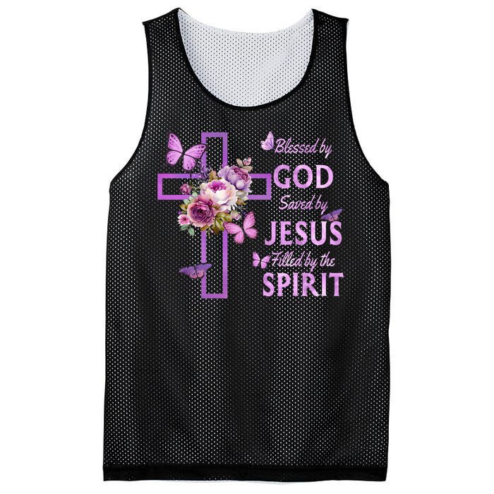 Blessed By God Saved By Jesus Purple Floral Cross Christian Mesh Reversible Basketball Jersey Tank