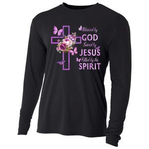 Blessed By God Saved By Jesus Purple Floral Cross Christian Cooling Performance Long Sleeve Crew