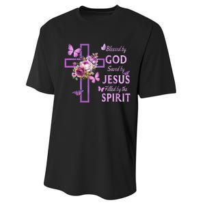 Blessed By God Saved By Jesus Purple Floral Cross Christian Performance Sprint T-Shirt