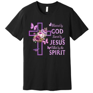 Blessed By God Saved By Jesus Purple Floral Cross Christian Premium T-Shirt