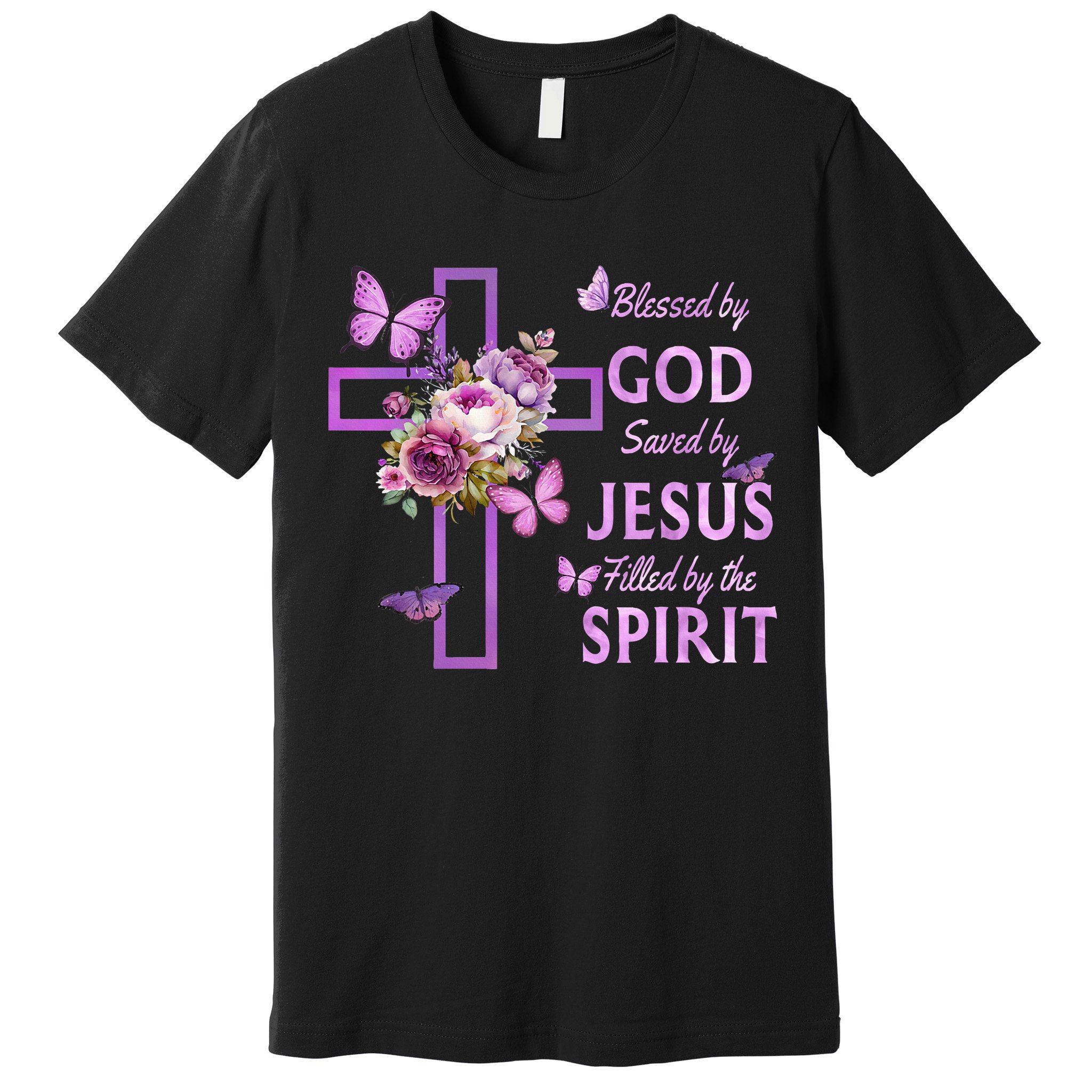 Blessed By God Saved By Jesus Purple Floral Cross Christian Premium T-Shirt